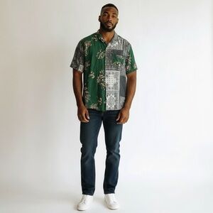 Urban Shores Men’s Green Bandana Patchwork Button Up Shirt Size‎ XL Streetwear
